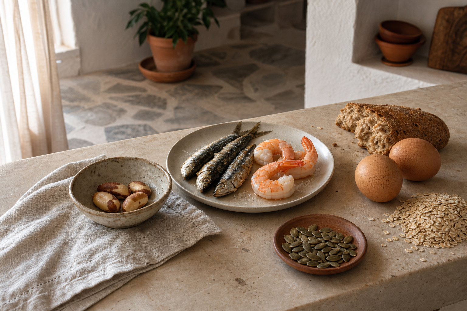 Noix du Brésil, fruits de mer, œufs et céréales complètes présentés comme aliments riches en sélénium sur un plan de travail de cuisine.