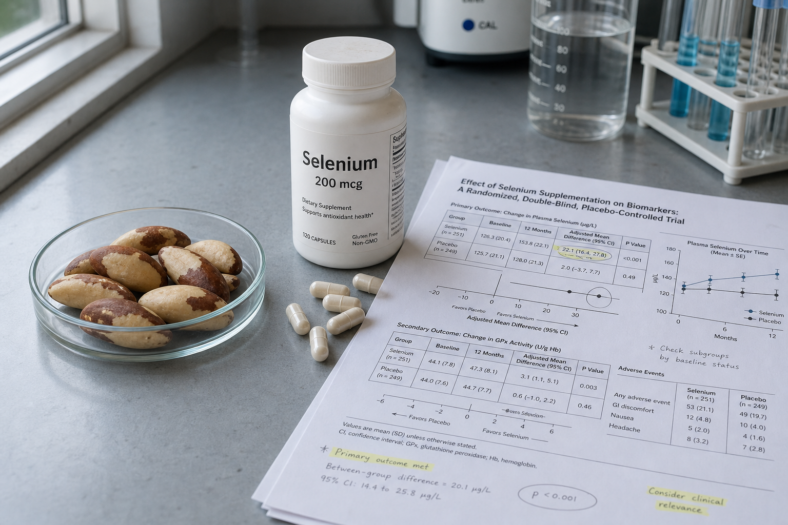 Aliments riches en sélénium à côté d'un carnet de recherche et de documents d'essais cliniques.