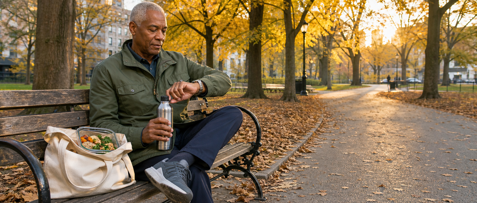 Un homme âgé regarde sa montre, avec de l'eau et un repas équilibré à proximité, pendant une routine d'alimentation limitée dans le temps.