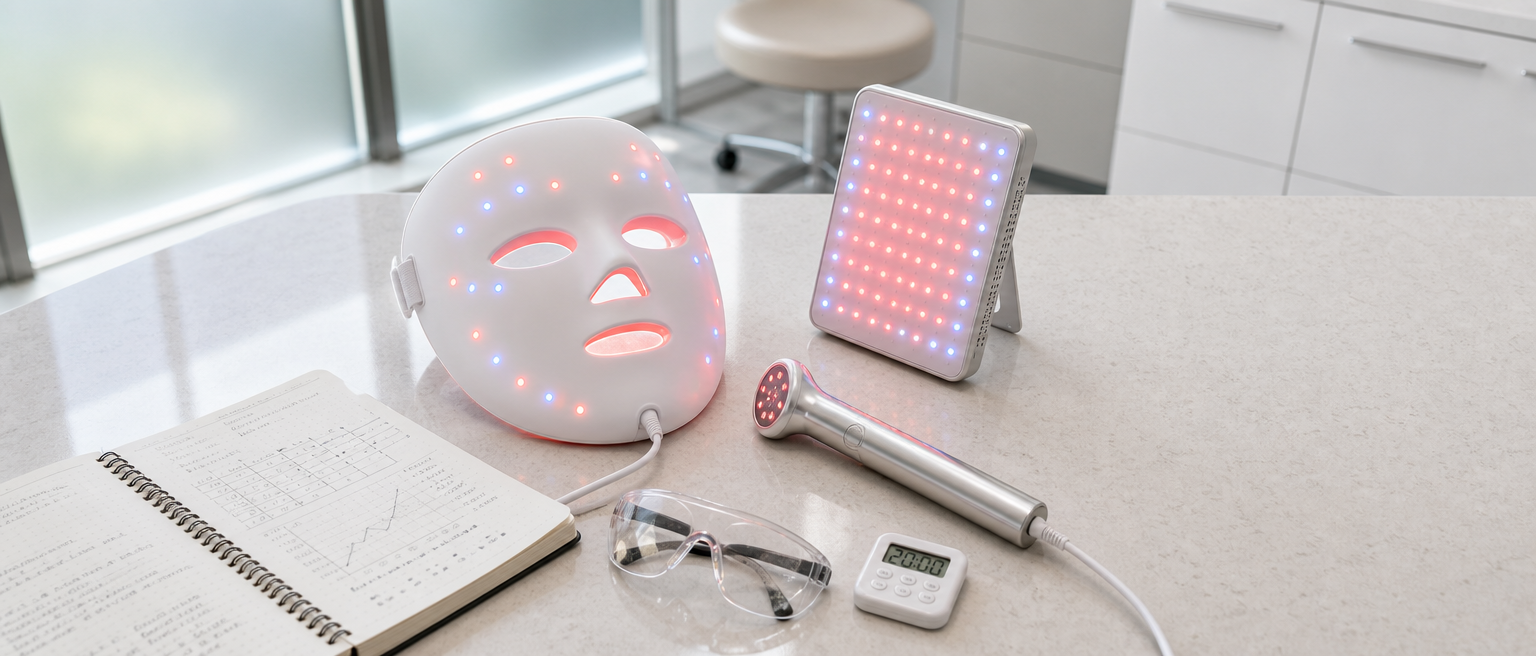 Appareils de thérapie par lumière rouge et bleue sans marque, disposés sur un comptoir de clinique propre.