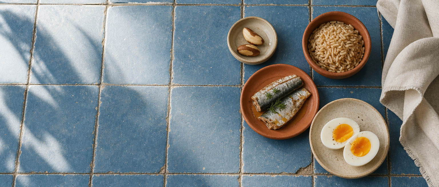 Petites portions d'aliments riches en sélénium, notamment noix du Brésil, œuf, poisson et céréales complètes.