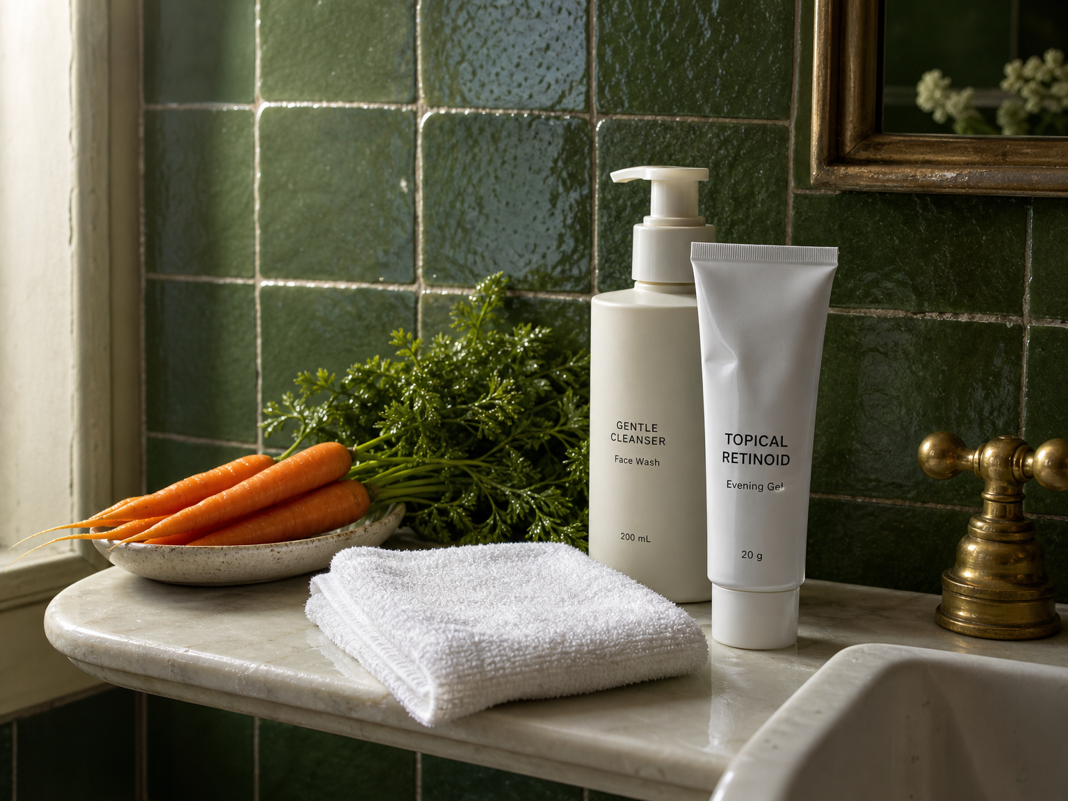 Étagère de salle de bain avec un tube générique de rétinoïde, un nettoyant, des carottes et des légumes-feuilles.