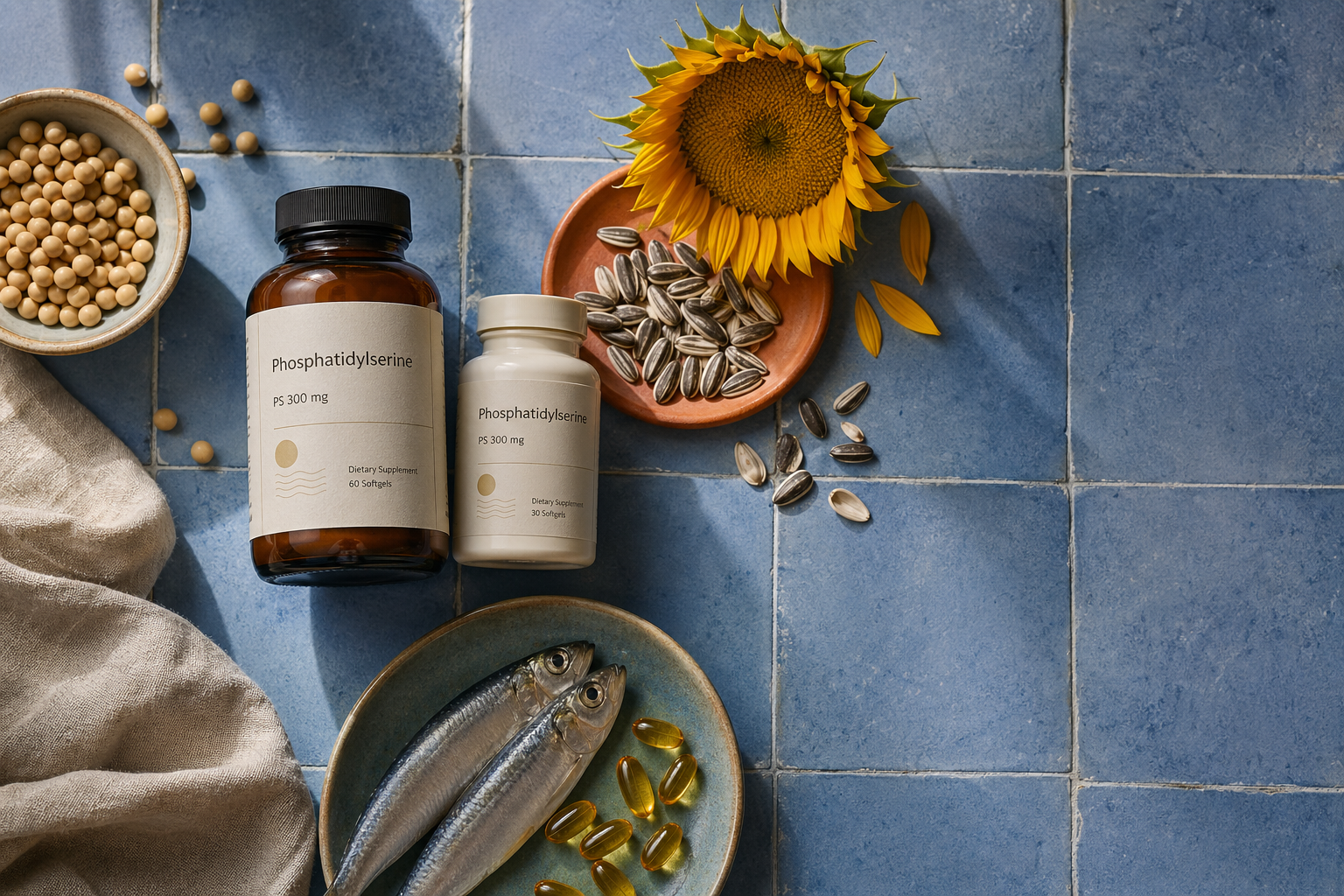 Suplemen phosphatidylserine dengan petunjuk sumber kedelai, bunga matahari, dan laut, difoto dari atas