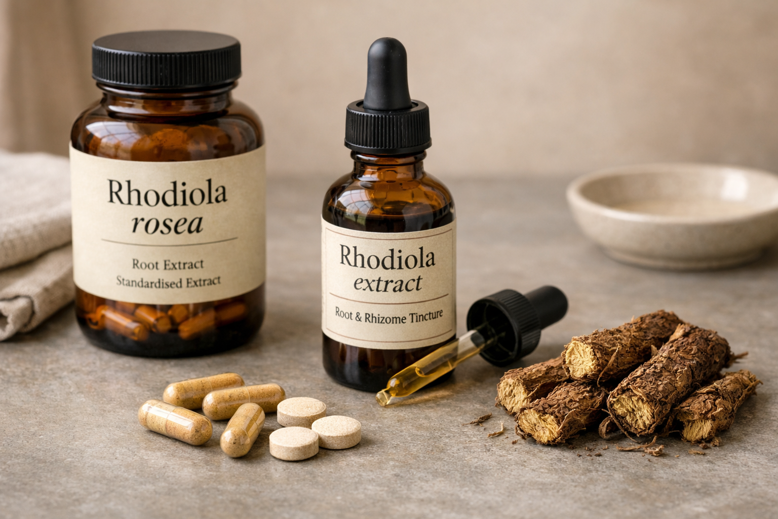 Botol rhodiola rosea, tingtur, kapsul, dan akar kering di atas meja