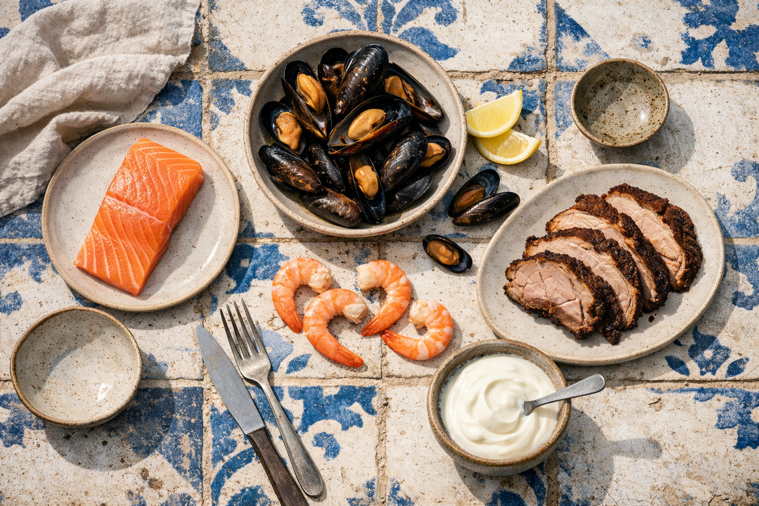 Makanan laut, kalkun, salmon, dan yogurt ditata sebagai sumber makanan kaya taurine
