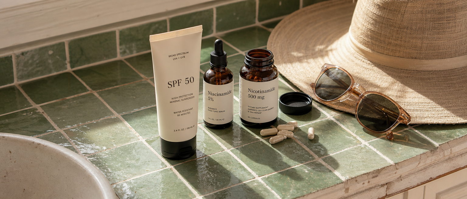 Capsule generiche di nicotinamide, siero alla niacinamide e crema solare SPF 50 disposti con un cappello da sole.