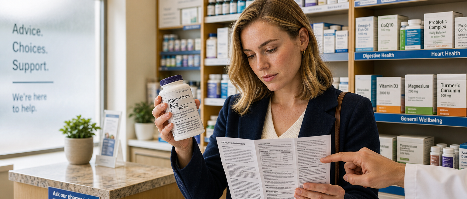 Un uomo legge l'etichetta e il foglietto illustrativo di un generico integratore di acido alfa-lipoico al banco di una farmacia.