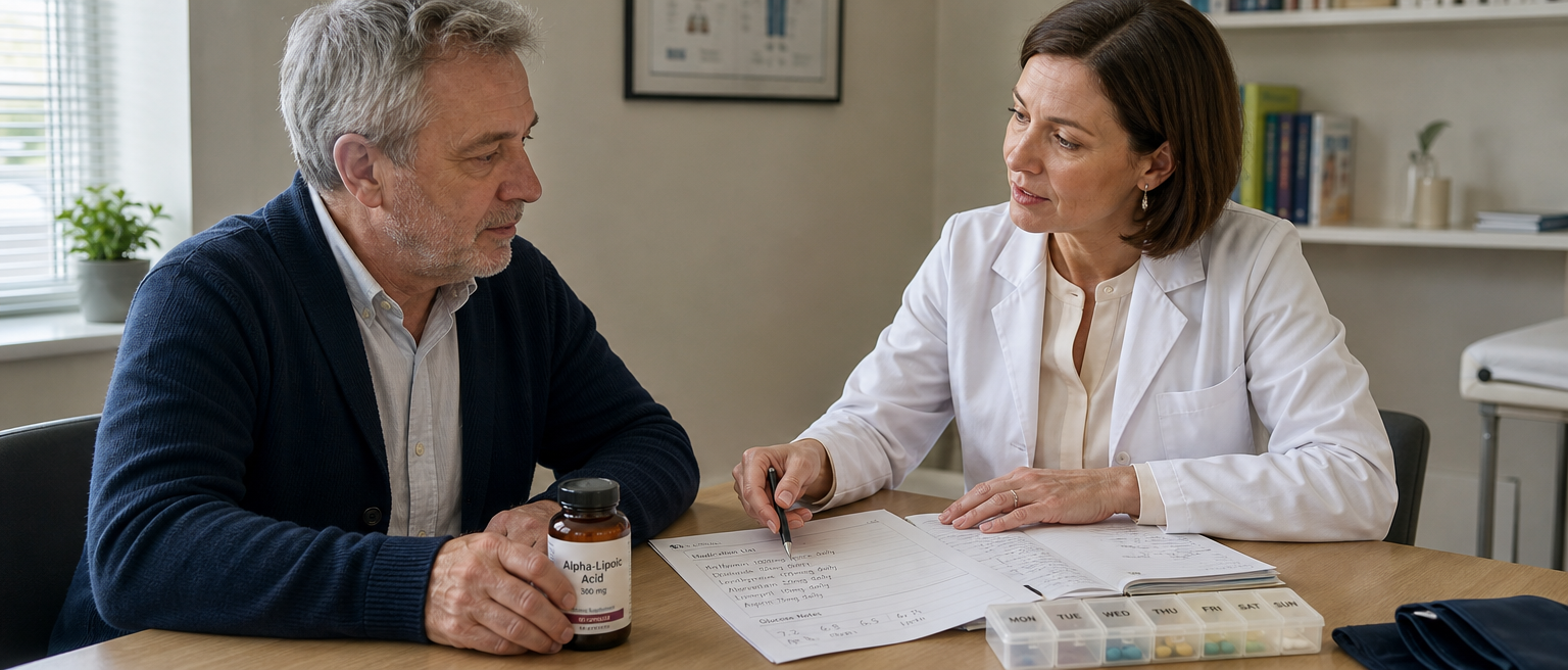 Paziente e farmacista esaminano un integratore di acido alfa-lipoico insieme a un elenco di farmaci.
