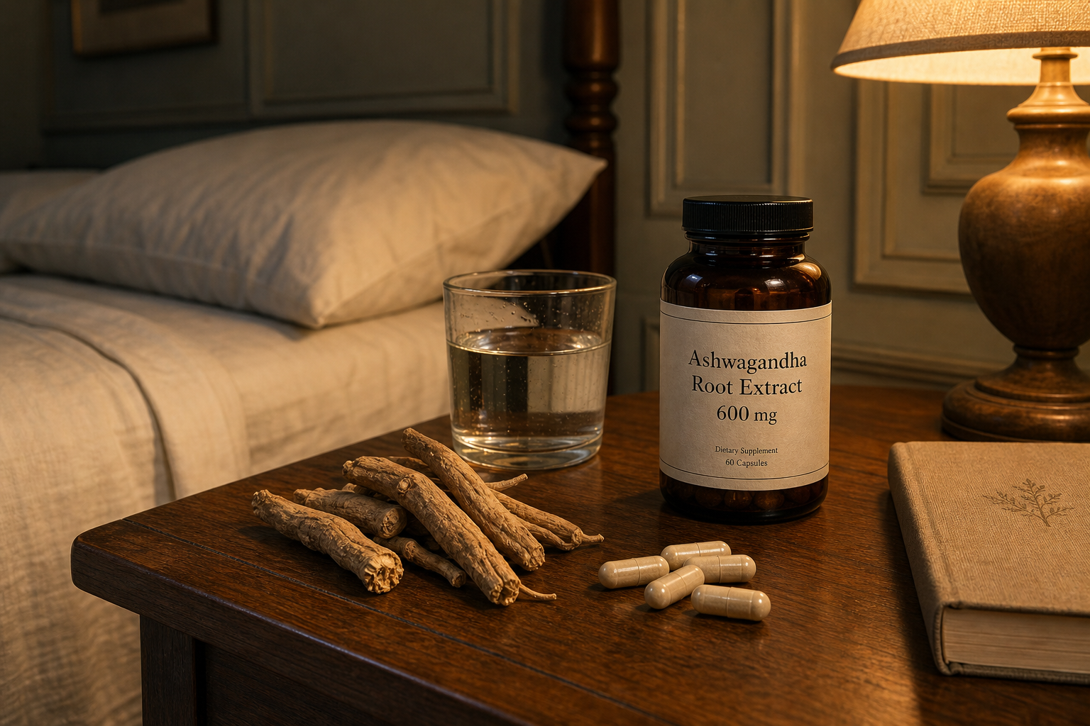 Comodino con capsule di ashwagandha, un diario del sonno e una tisana alla luce calda della sera.