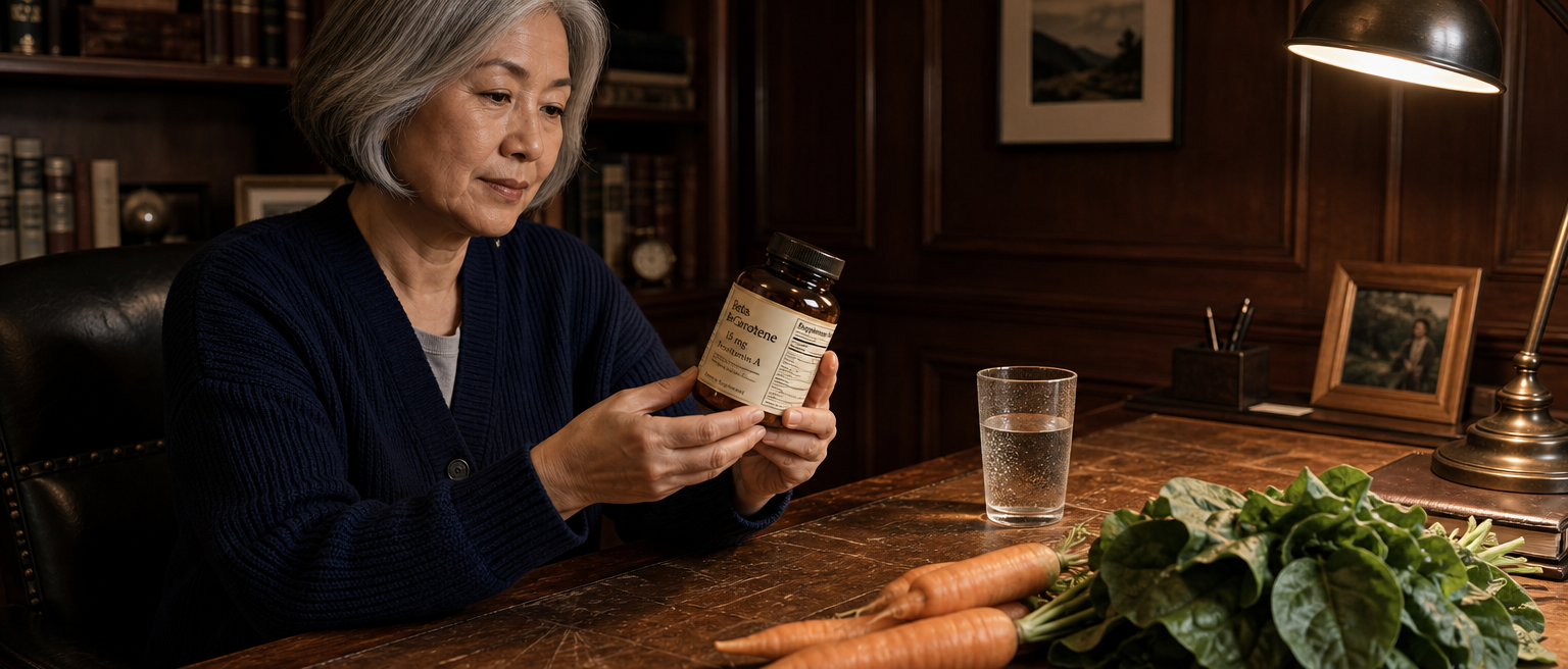 Donna che legge l'etichetta di un generico integratore di beta-carotene accanto a carote, spinaci e un bicchiere d'acqua.
