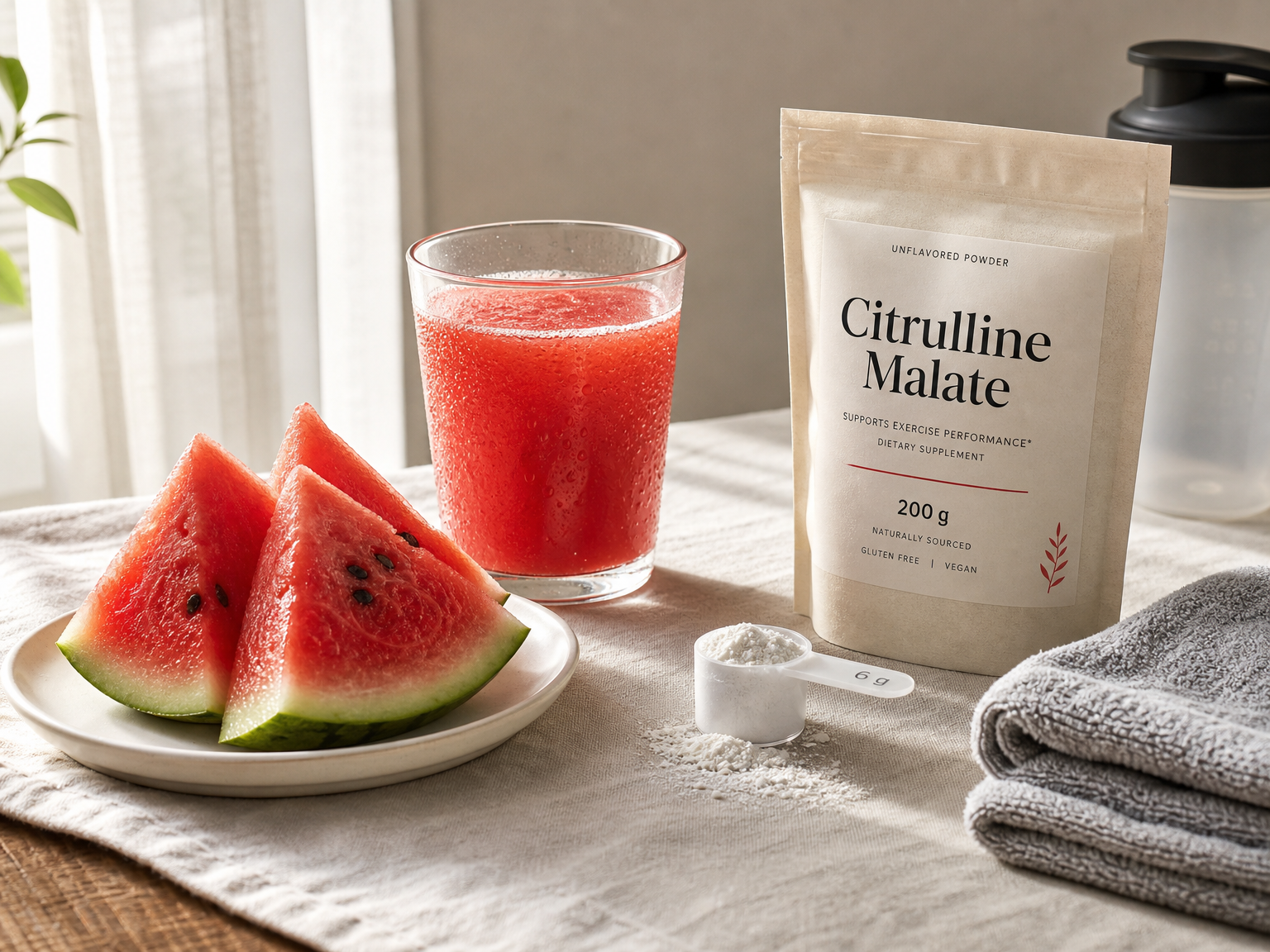 Succo di anguria, fette di anguria e polvere di malato di citrullina su un tavolo per il pre-allenamento.