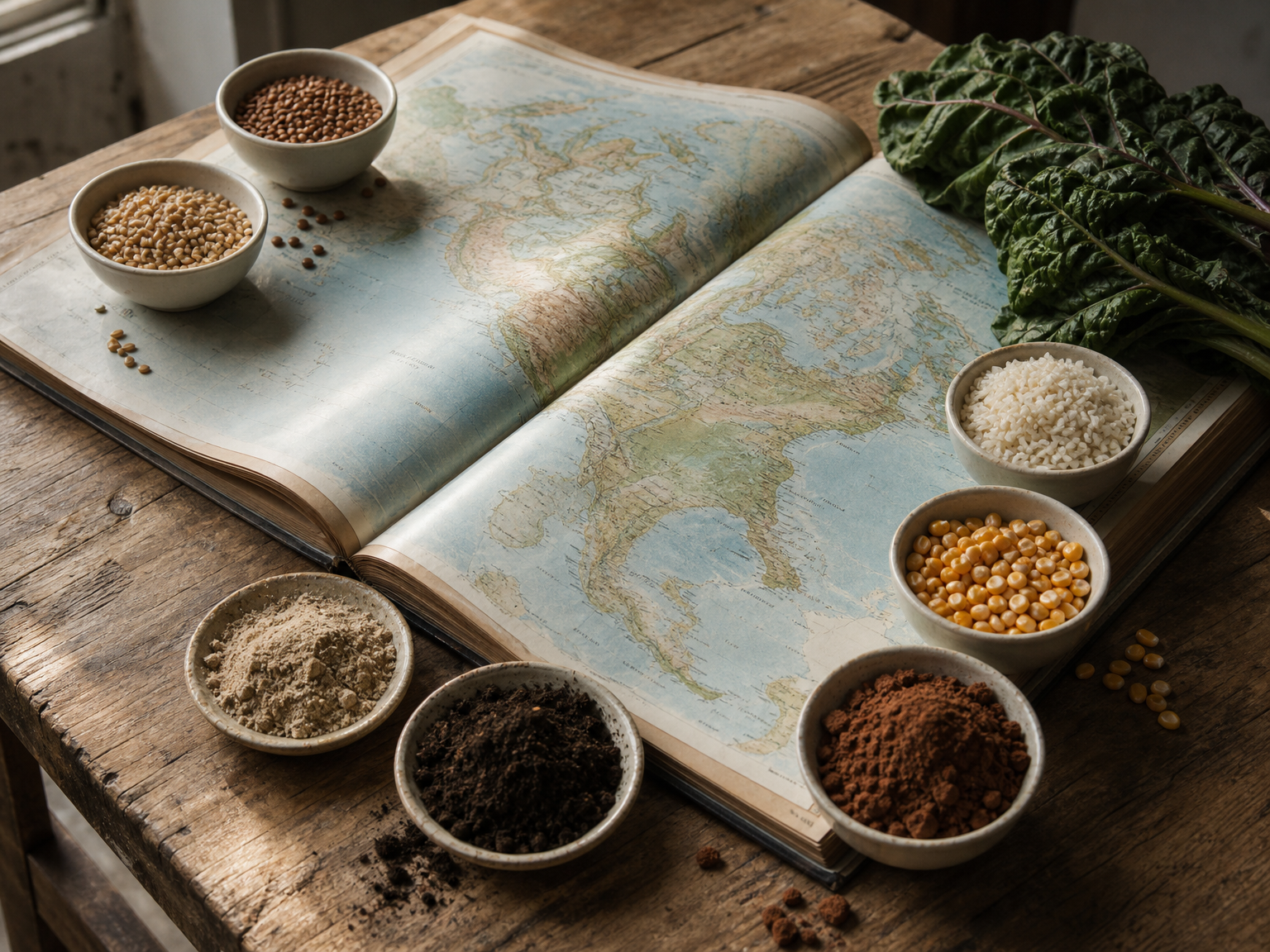Cereali di base, verdure e campioni di suolo disposti su un atlante del mondo per suggerire le differenze globali nel selenio dei suoli.