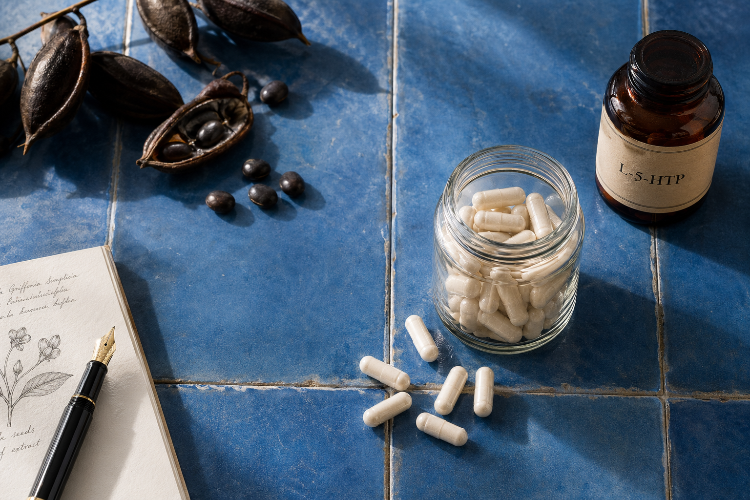 Capsule di L-5-HTP, flacone e baccelli botanici disposti su un tavolo con piastrelle blu