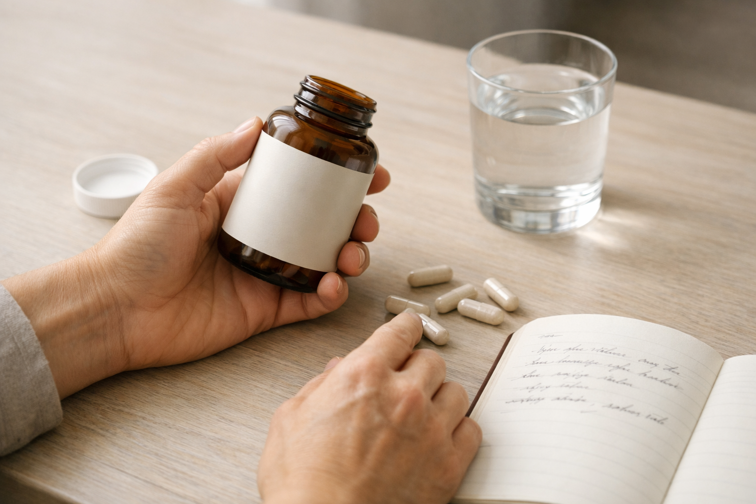 Mani che esaminano un flacone di integratore di ashwagandha, capsule, acqua e appunti