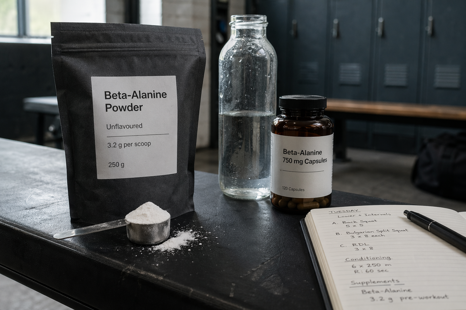 Polvere e capsule di beta-alanina su una panca da palestra accanto ad acqua e a un quaderno di allenamento