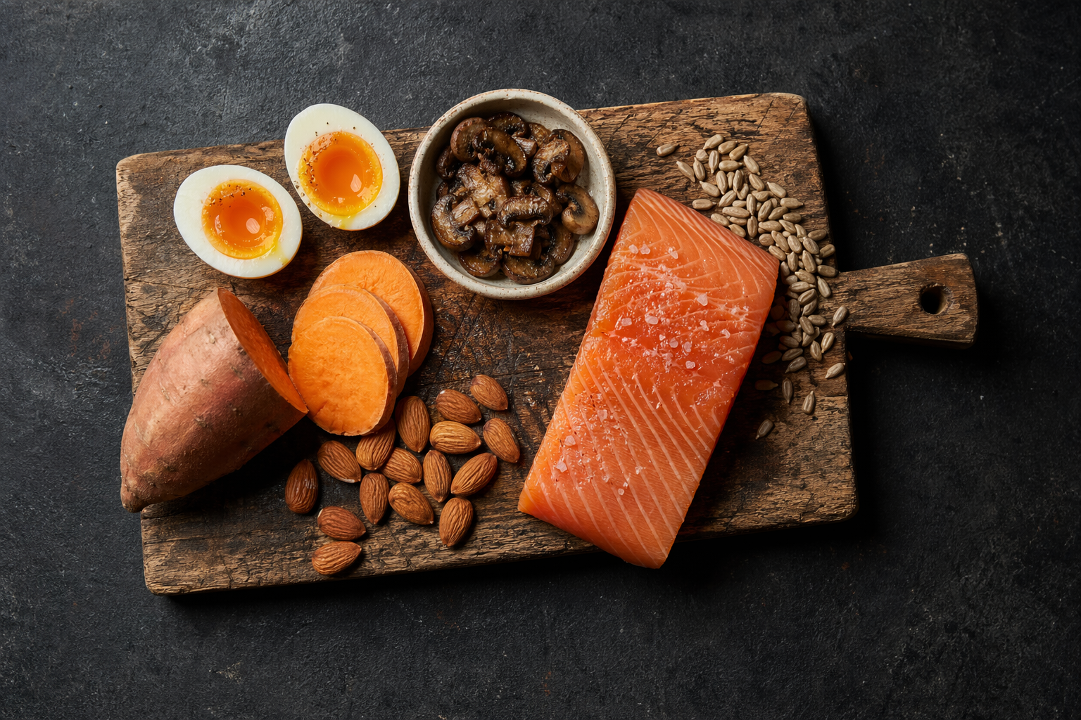 Uova, salmone, frutta secca, semi, funghi e patata dolce come fonti alimentari di biotina