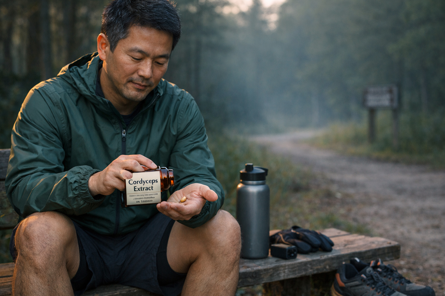 Corridore che assume un integratore di Cordyceps prima di un allenamento mattutino