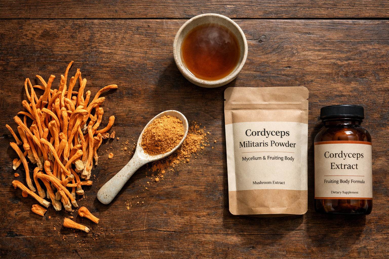 Cordyceps essiccato, polvere, tè e barattoli di integratori su un tavolo di legno