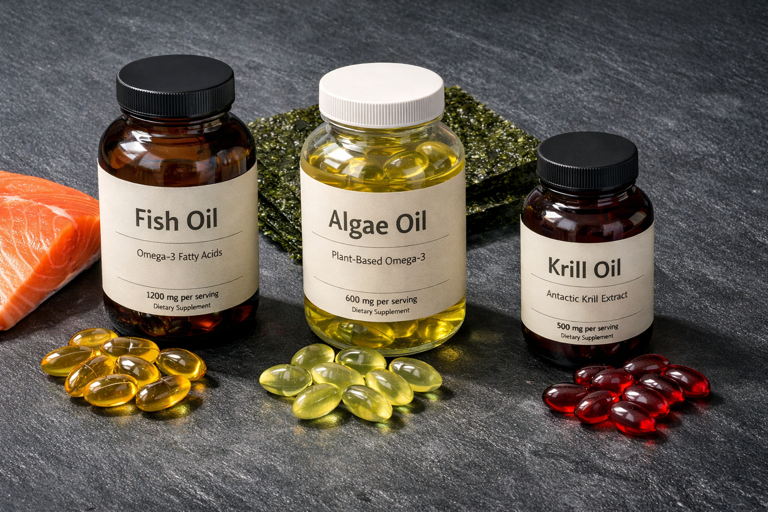 Flaconi di olio di pesce, olio di alghe e olio di krill con capsule molli accanto a salmone e nori