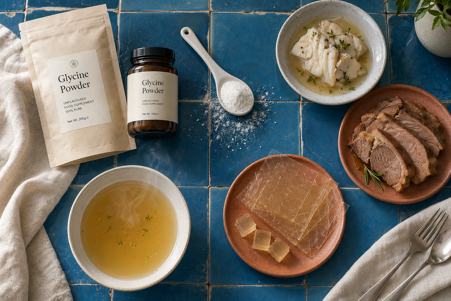 Polvere di glicina accanto ad alimenti ricchi di collagene come gelatina, brodo e tagli con la pelle