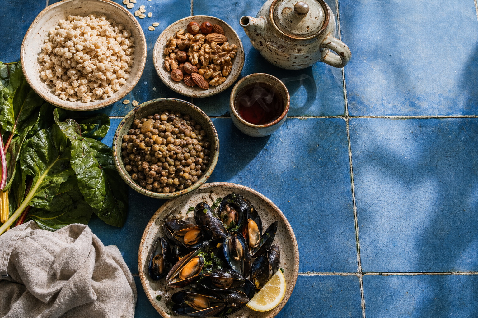 Alimenti ricchi di manganese, tra cui cereali, frutta secca, legumi, verdure a foglia, tè e frutti di mare