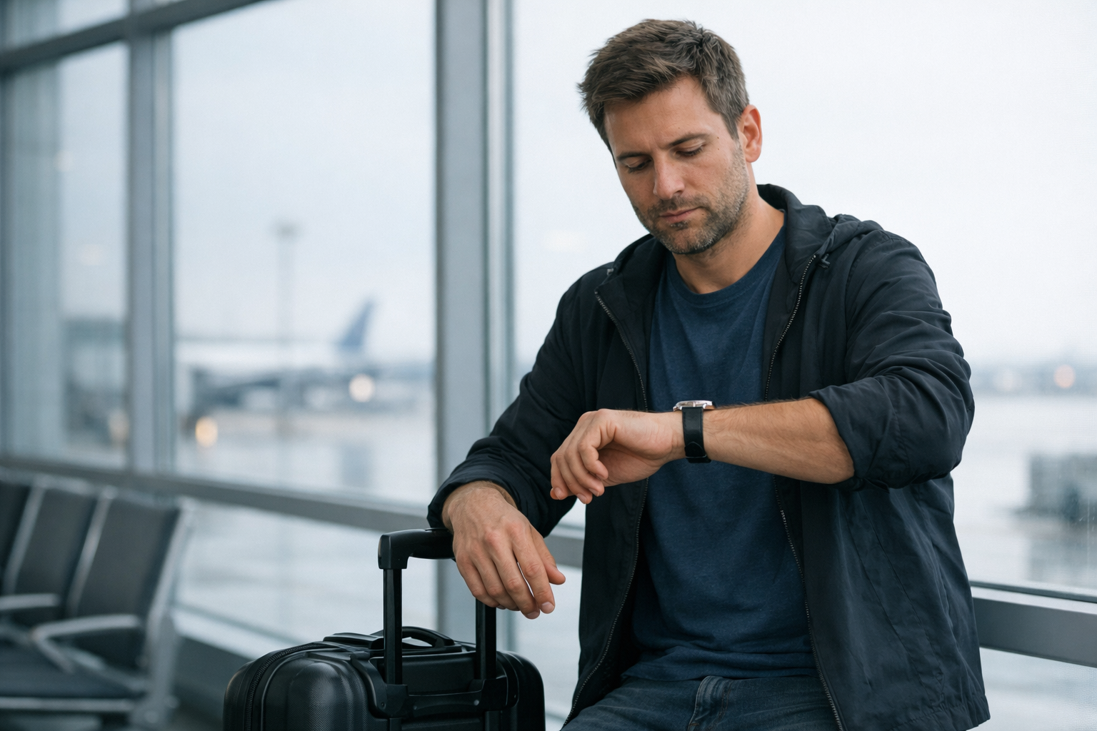 Viaggiatore in aeroporto che regola l'orologio per rappresentare il jet lag e lo sfasamento circadiano
