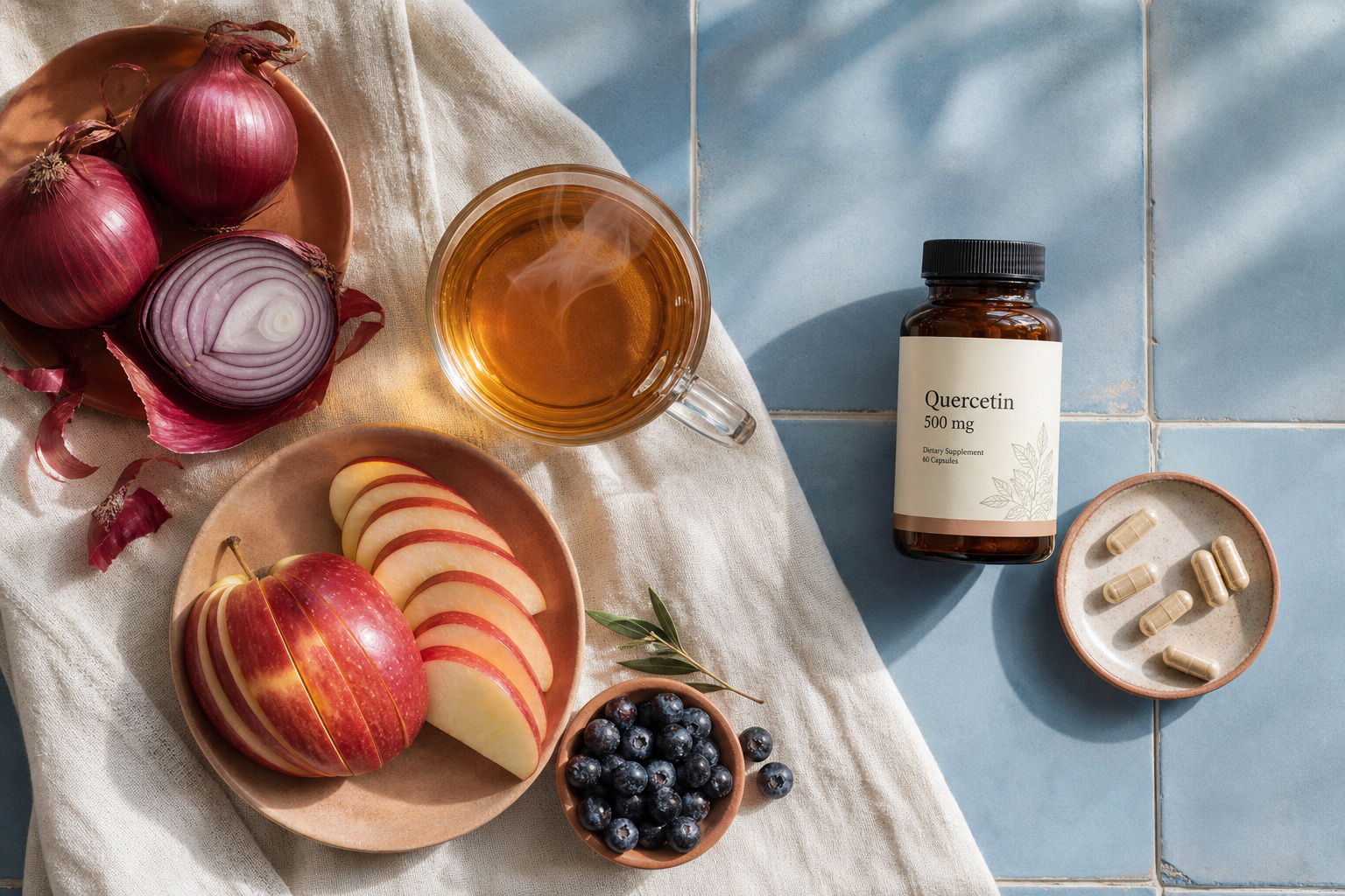 Alimenti ricchi di quercetina con un flacone di integratore, tra cui cipolla, mela, frutti di bosco e tè