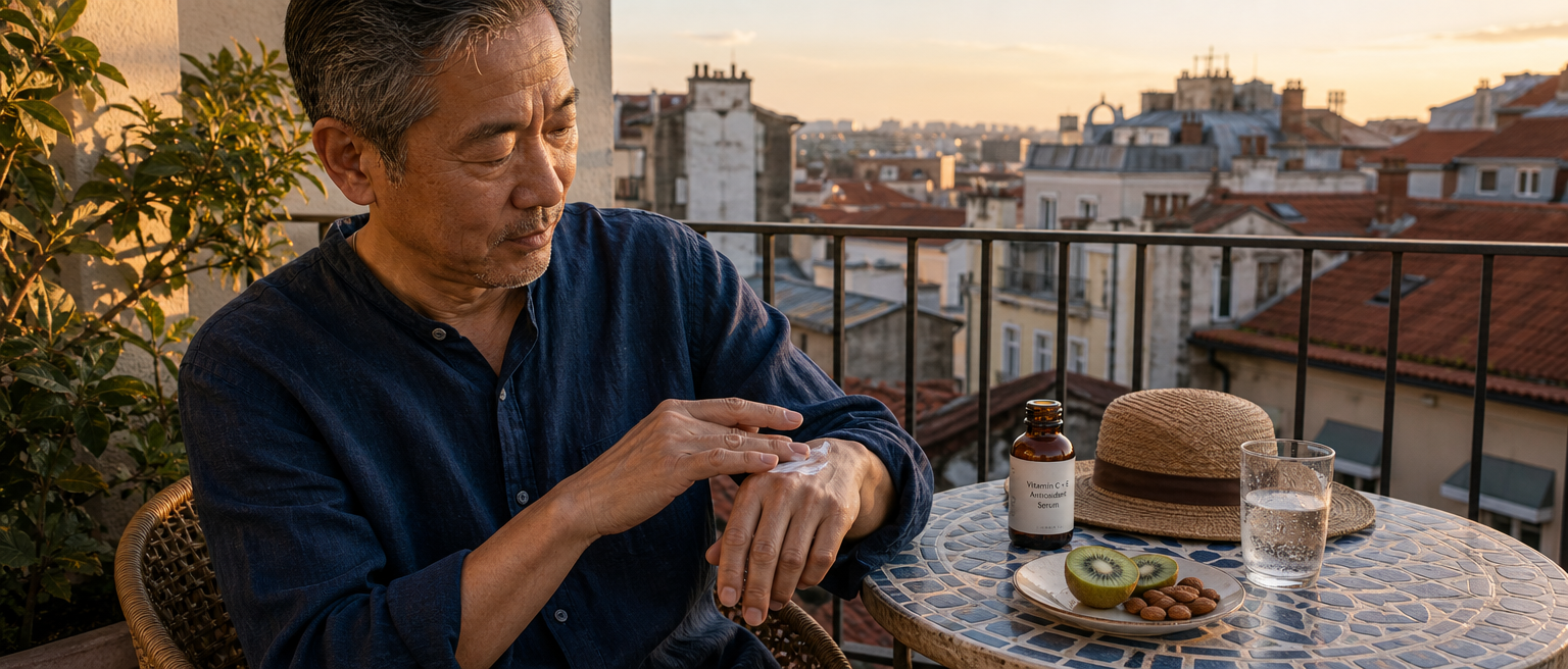 男性がバルコニーで日焼け止めを塗っており、そばにブランド表示のないビタミンC・Eセラム、帽子、キウイ、アーモンドが置かれている。