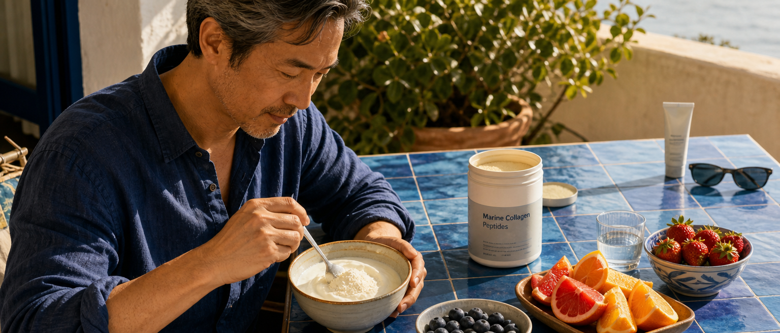 果物と日焼け止めのそばで、ヨーグルトにコラーゲンペプチド粉末を混ぜる男性。