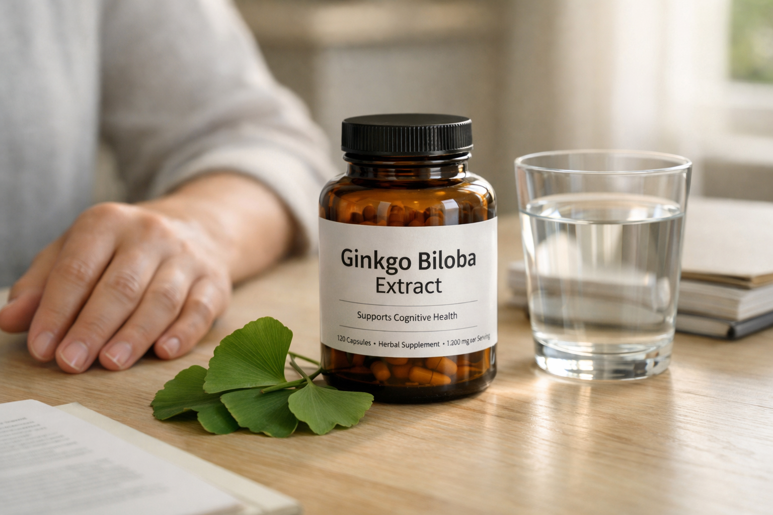 イチョウの葉とコップ1杯の水が添えられたGinkgo bilobaサプリメントのボトル