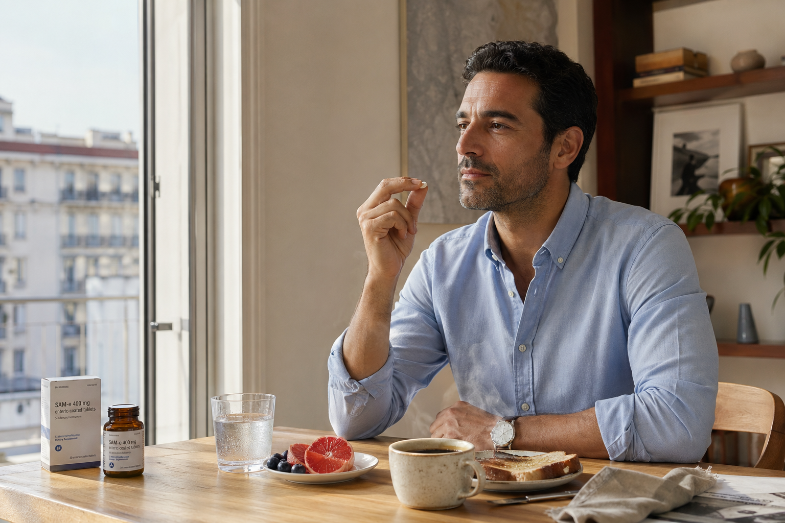 朝食のテーブルで水と一緒にSAM-eサプリメントを飲む男性