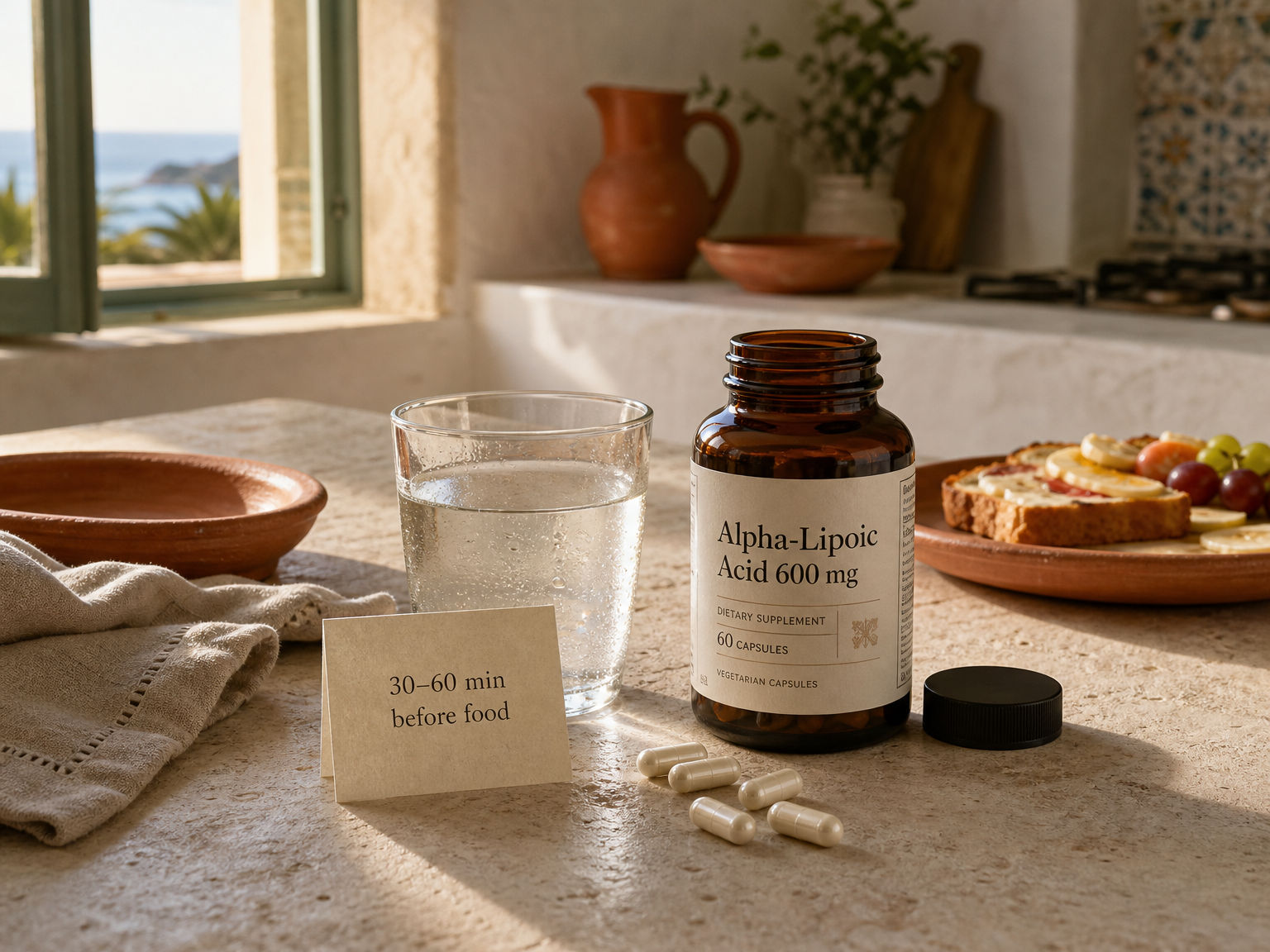Cápsulas de ácido alfa-lipoico, água e um cartão com horários das refeições sobre uma mesa de café da manhã.