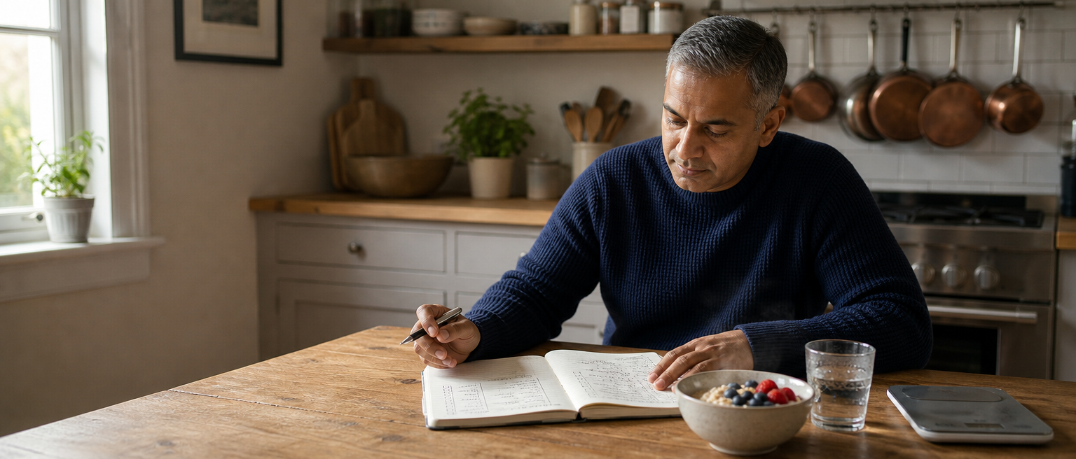 Homem consultando um caderno de saúde ao lado de um café da manhã equilibrado e de uma balança de cozinha.