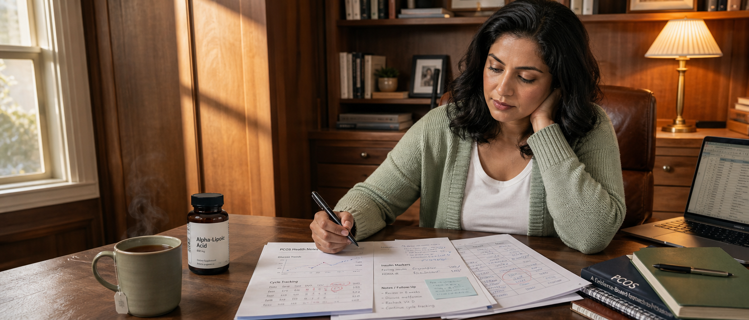 Mulher revisando anotações de saúde sobre SOP em uma mesa, com um frasco de suplemento de ácido alfa-lipoico por perto.