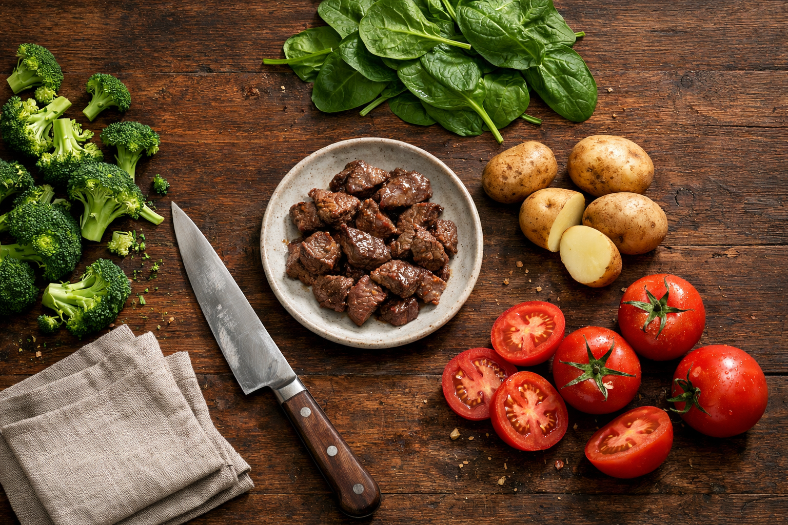 Vista aérea de brócolis, espinafre, tomates, batatas e carne bovina como fontes alimentares de ácido alfa-lipoico
