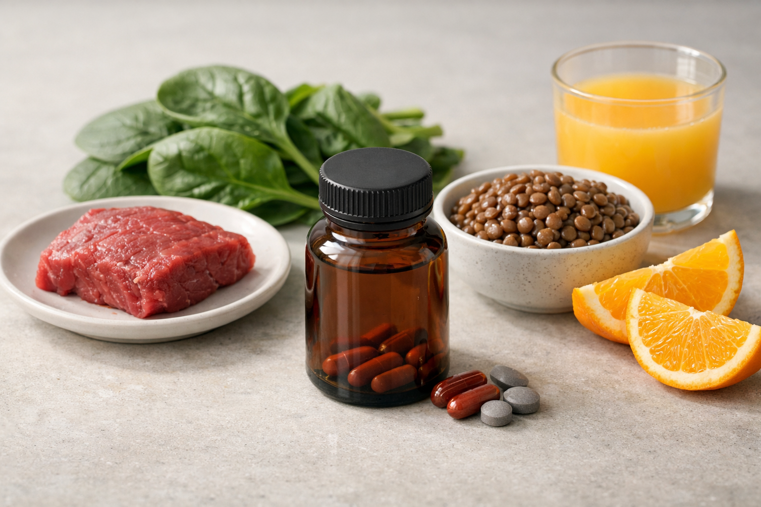 Suplementos de ferro ao lado de alimentos ricos em ferro e frutas cítricas sobre uma mesa