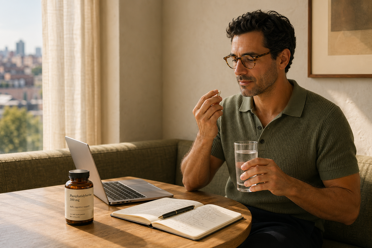 Homem tomando um suplemento de fosfatidilserina durante uma rotina tranquila de trabalho pela manhã
