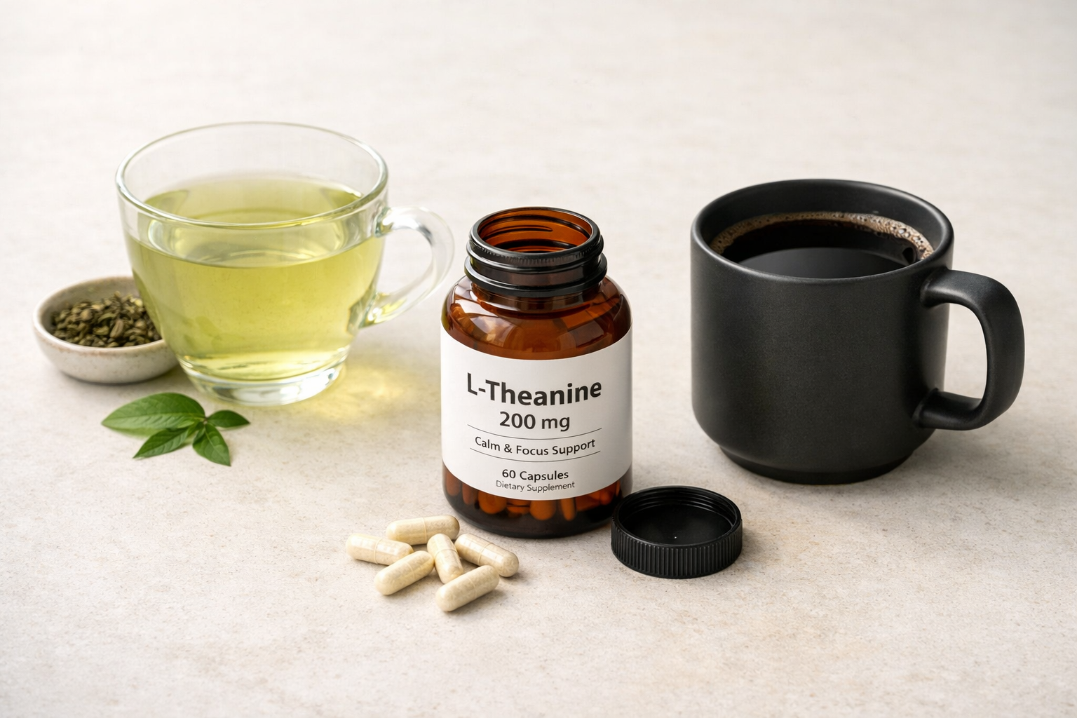 Chá verde, café e cápsulas de L-teanina sobre uma mesa
