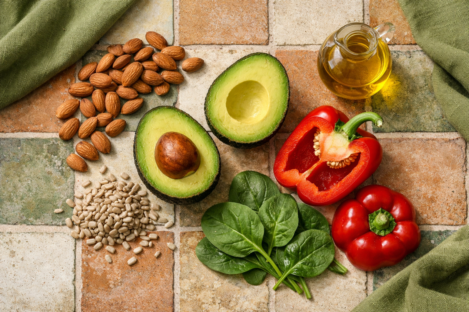 Alimentos ricos em vitamina E, incluindo amêndoas, sementes, abacate, espinafre e azeite de oliva