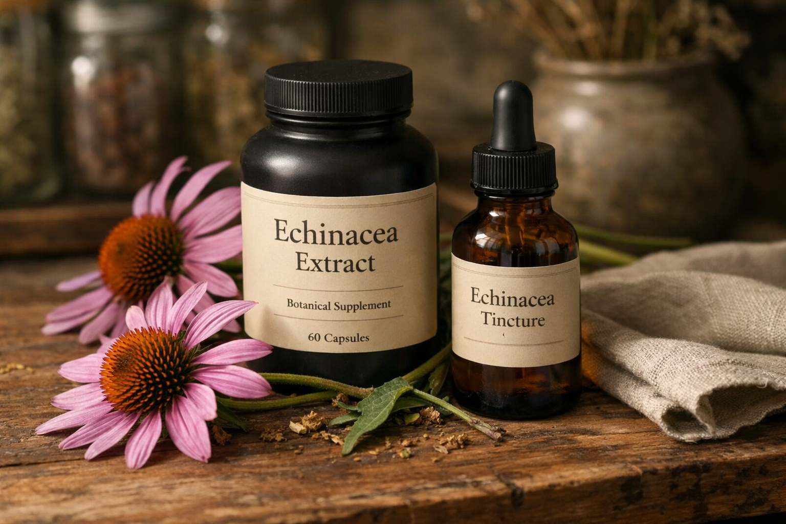 Mga bulaklak ng echinacea na may bote ng suplemento at tincture sa kahoy na mesa