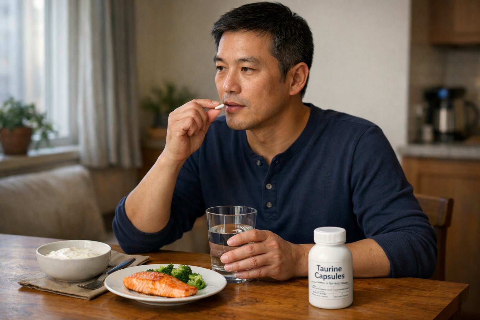 Taong umiinom ng kapsulang taurine kasama ng salmon, yogurt, at mga suplemento sa almusal