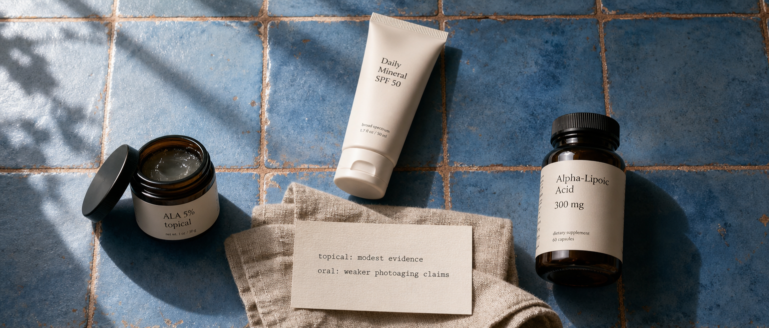 Isang karaniwang garapon ng skincare na may alpha-lipoic acid, bote ng supplement, at sunscreen na nakaayos sa ibabaw ng mesang may baldosa.