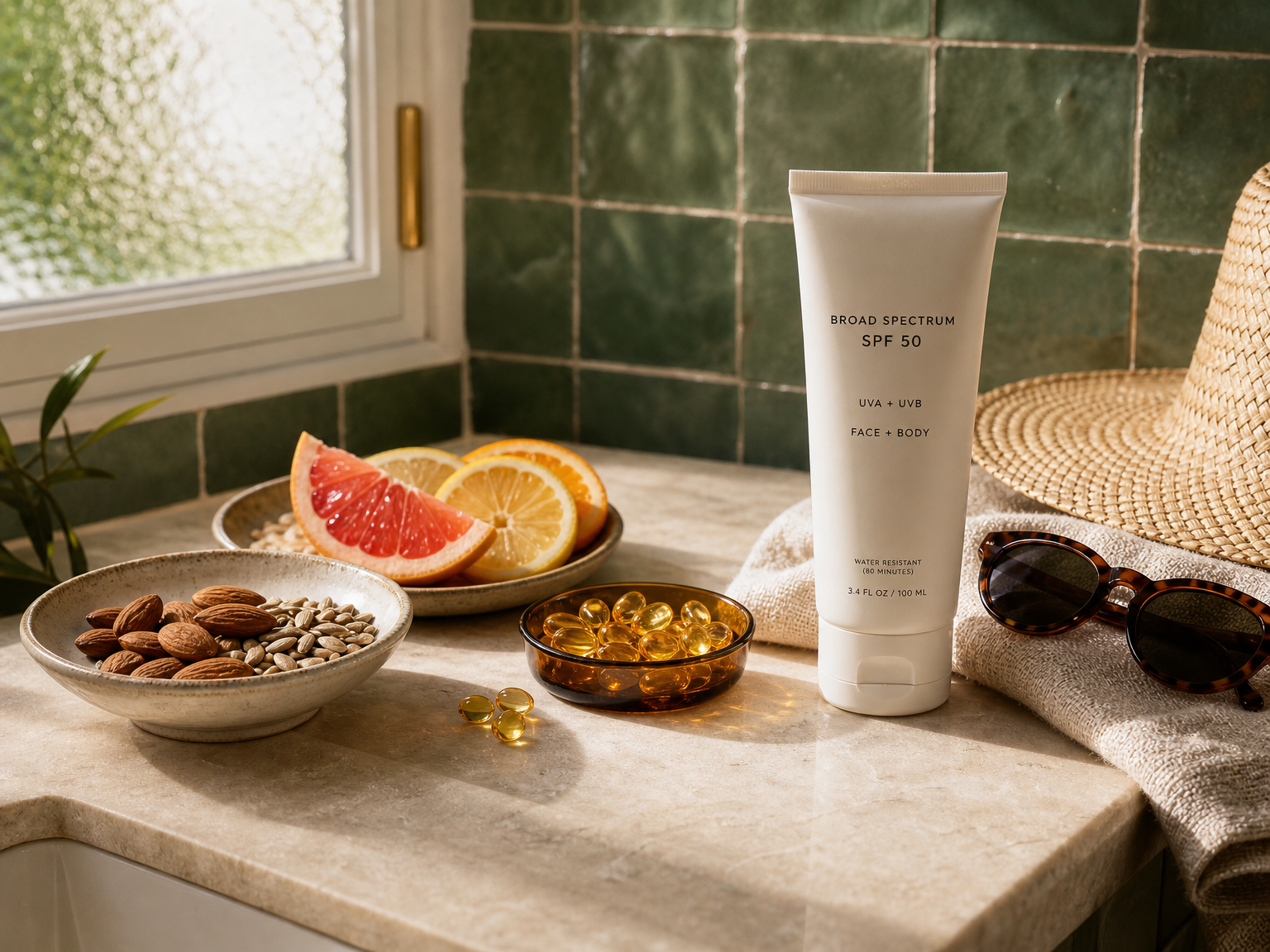 Walang tatak na sunscreen, mga vitamin E softgel, mani, citrus, salaming pang-araw, at sombrerong panangga sa araw na nakaayos sa counter ng banyo.